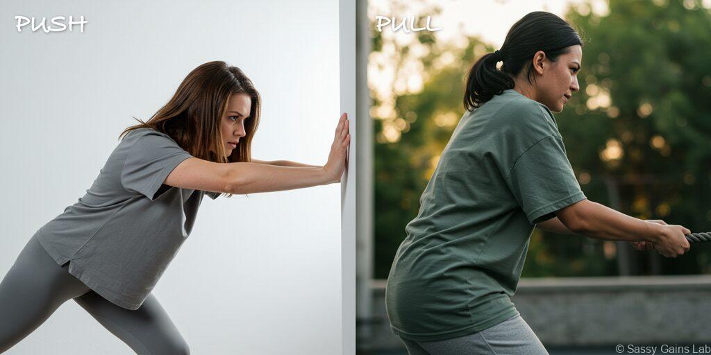 押す女性と引く女性