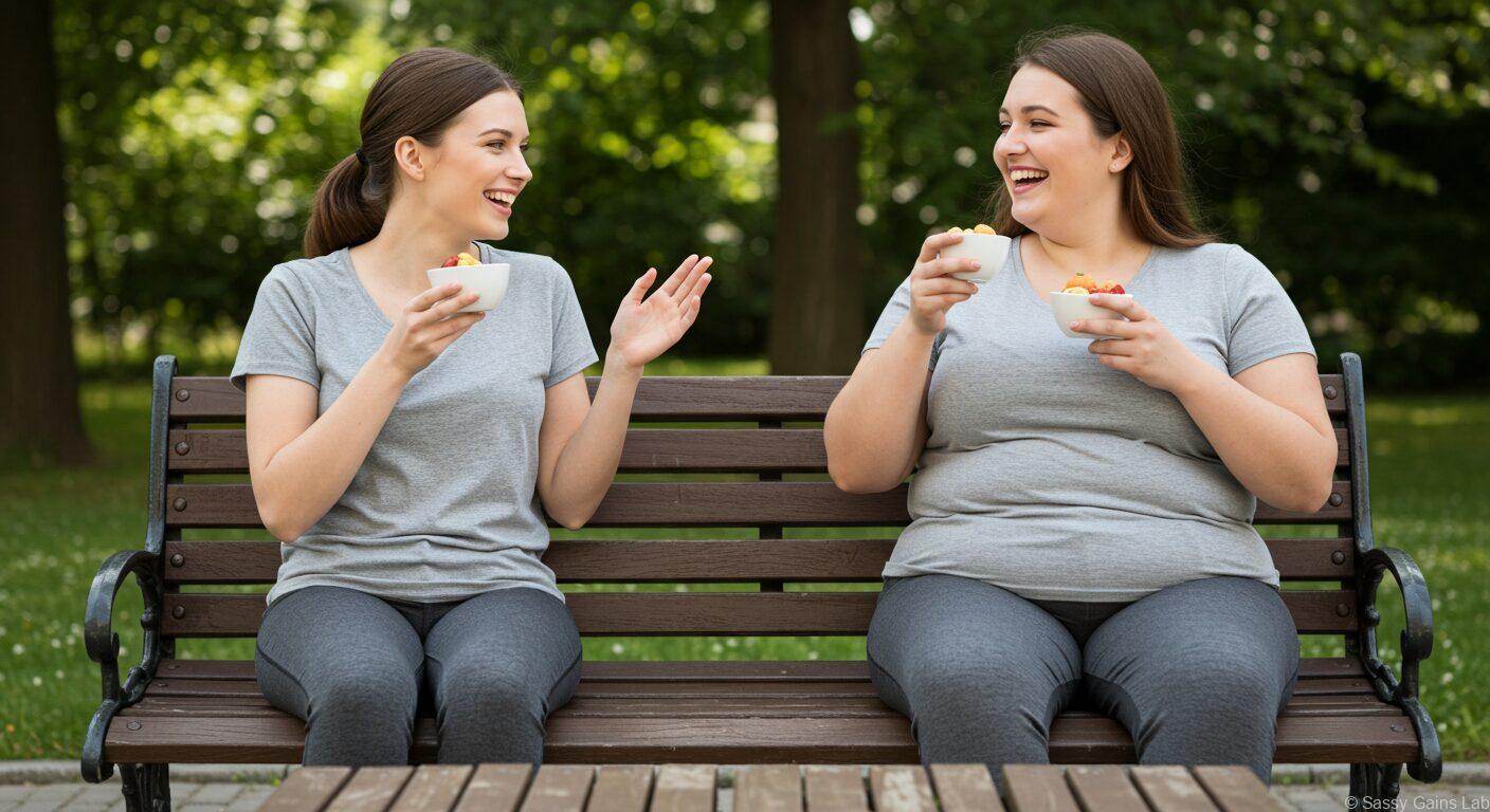 ちょっと食べただけで太る女性と食べても太らない女性が楽しそうに雑談している。