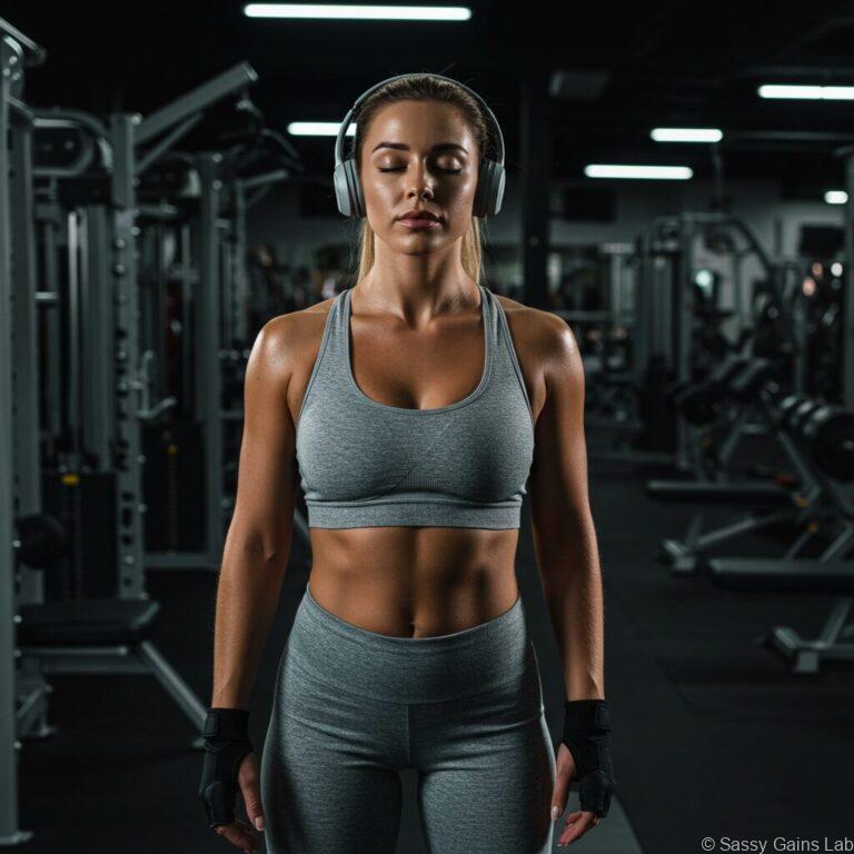 筋トレ前の戦闘モードと集中の間の女性。