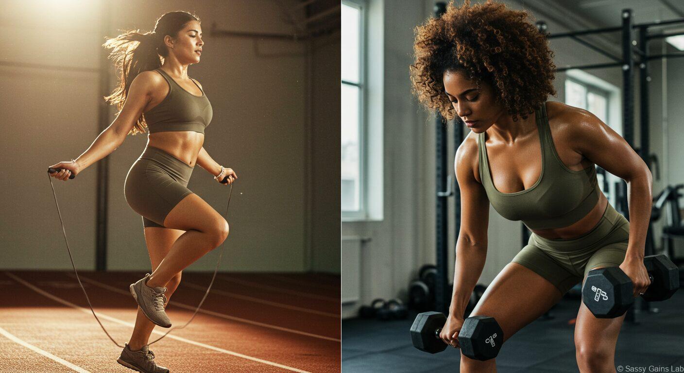 有酸素運動をする女性と筋トレをする女性