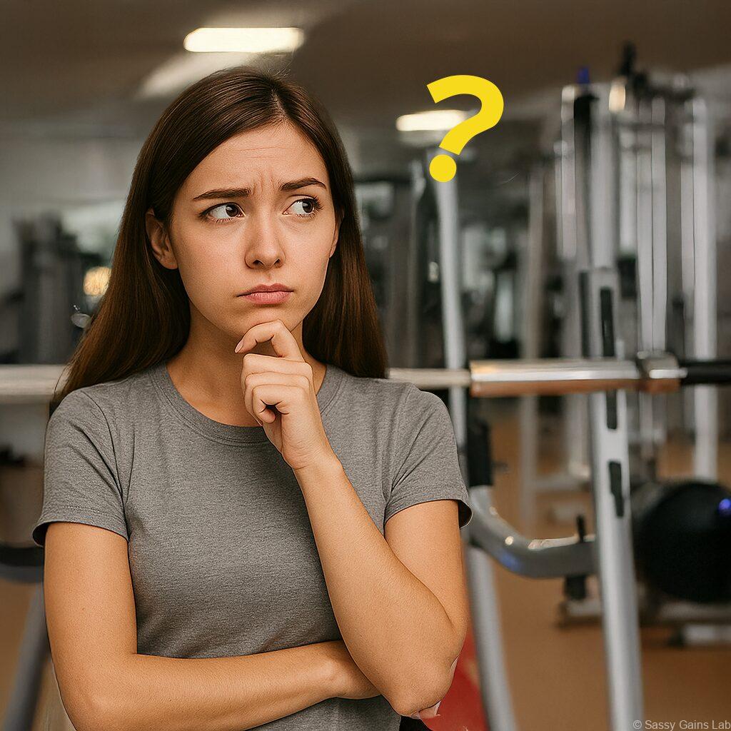 ジムで考え込む表情の若い女性。筋トレやくびれについて悩んでいる様子を表現。