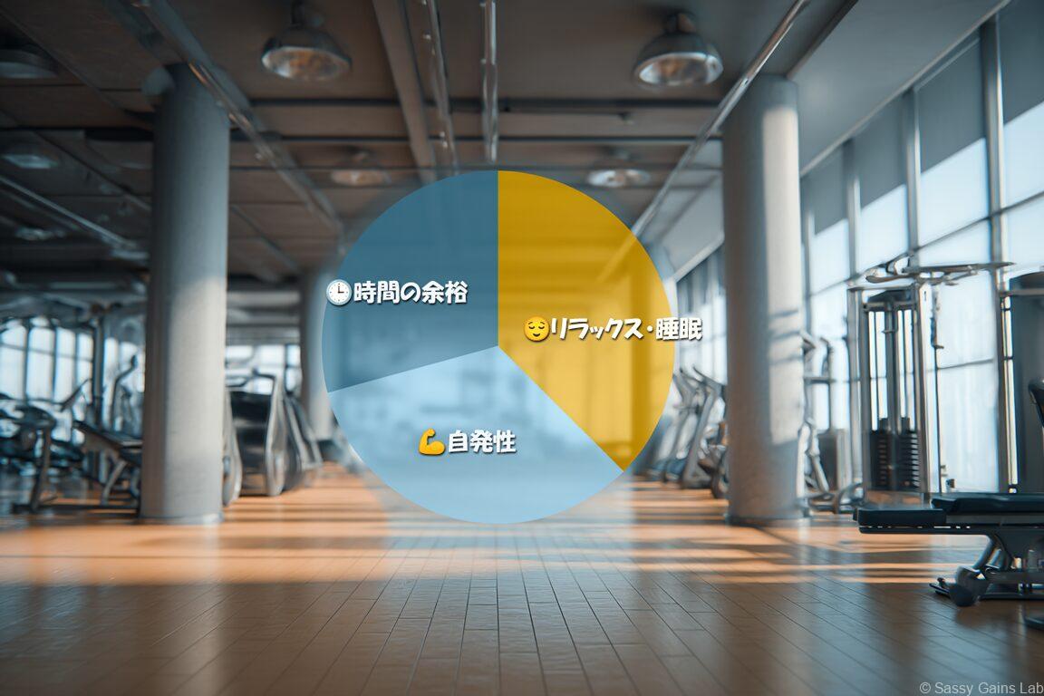 長期休暇に筋トレ意欲が高まる理由を3等分の円グラフで表示。リラックス・睡眠、自発性、時間の余裕。
