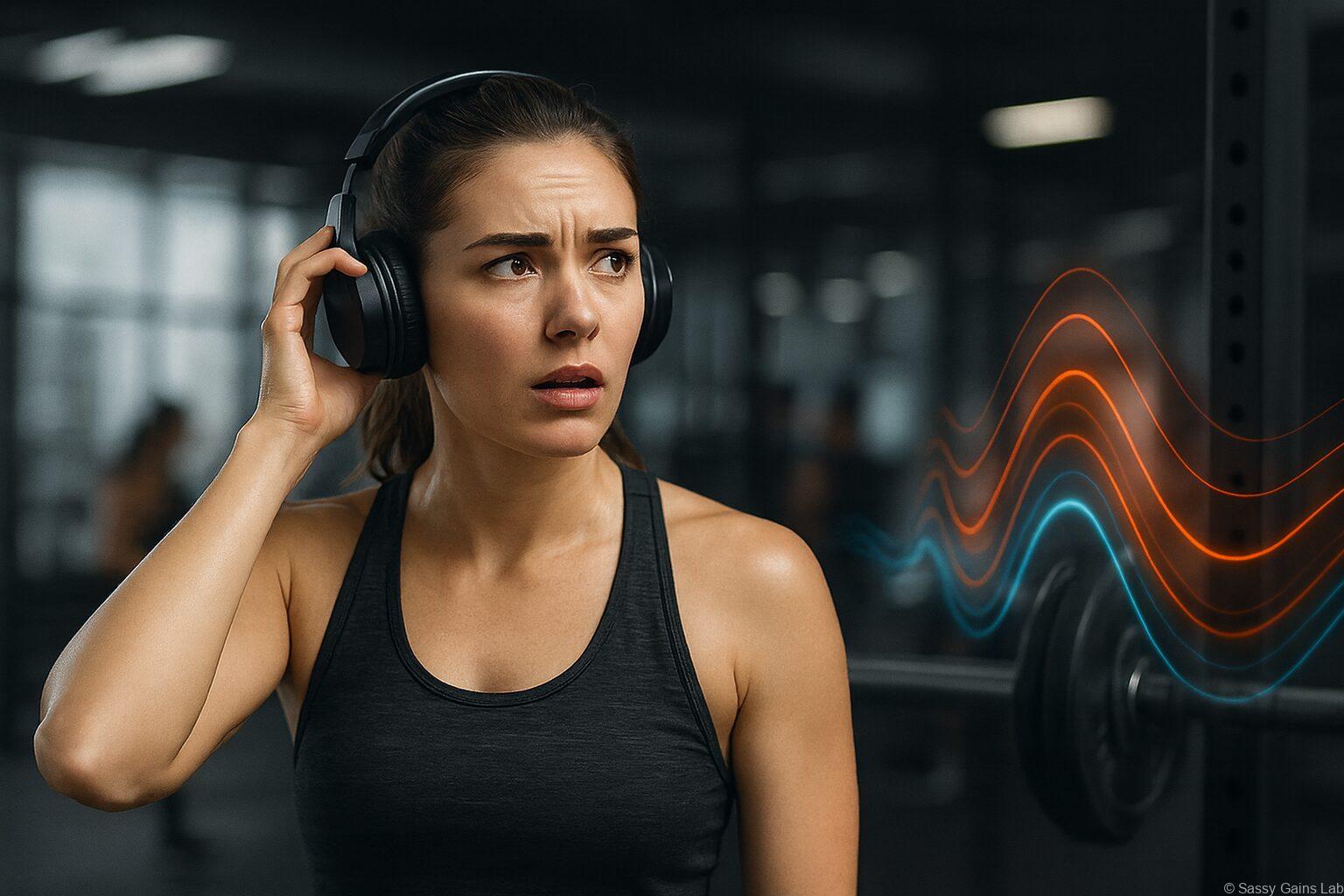 ジムでトレーニング中、ヘッドホンを外して周囲の音に気を取られる女性。背景には器具から広がる音波のイメージ。