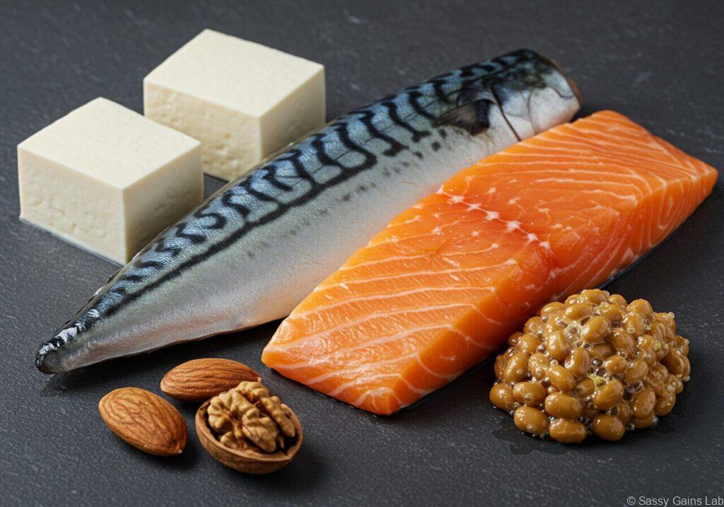 サバやサーモンなどの魚、くるみ・アーモンドなどのナッツ、豆腐や納豆などの大豆食品を並べた健康的な食材イメージ。