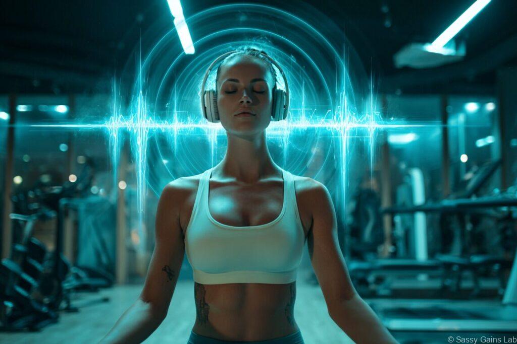 ジムでオーバーイヤーヘッドホンをつけ、目を閉じて集中する女性。青い音の波が頭を取り囲んでいる