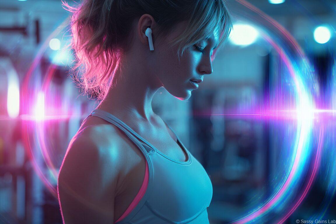 ワイヤレスイヤホンをつけた女性がジムで目を閉じ、ピンクとブルーの音波に包まれながら集中している様子