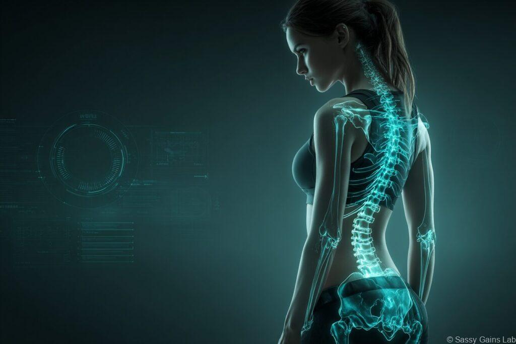 スポーツウェアを着た女性の背面に、背骨・骨盤・肩甲骨のホログラムが重ねて表示されている。未来的なスキャンUIが背景に浮かぶ、サイバー感のあるビジュアル。