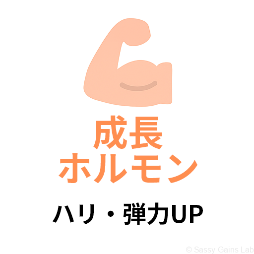 成長ホルモンを象徴する筋肉アイコン。筋トレによって分泌が促され、肌のハリや弾力アップに役立つことを示している。
