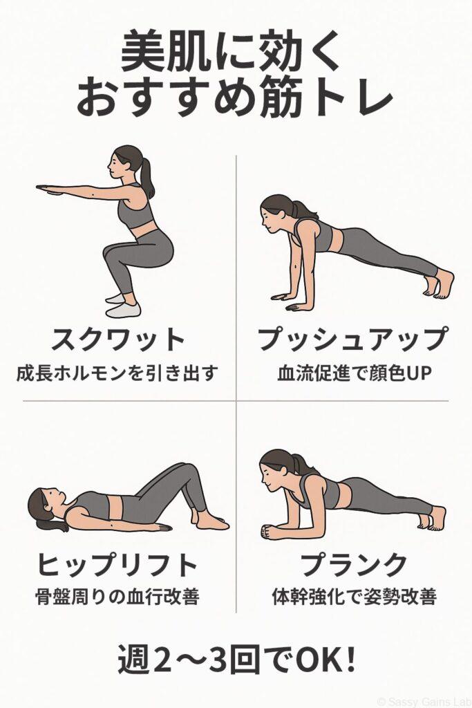 美肌に効果的な筋トレを紹介するインフォグラフィック。スクワット、プッシュアップ、ヒップリフト、プランクの4種目がイラスト付きで解説され、週2〜3回で効果が期待できると示している。