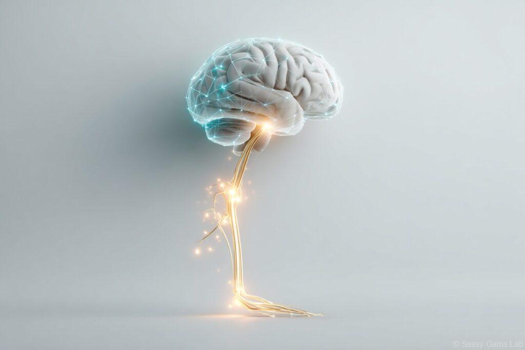 脳と神経が光でつながる様子を表現した未来的な3Dイメージ
