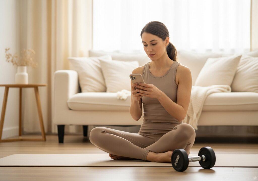 ヨガマットの上でスマートフォンを見つめる女性。黒いダンベルが足元にあり、自宅のリビングで運動前の準備をしている様子。