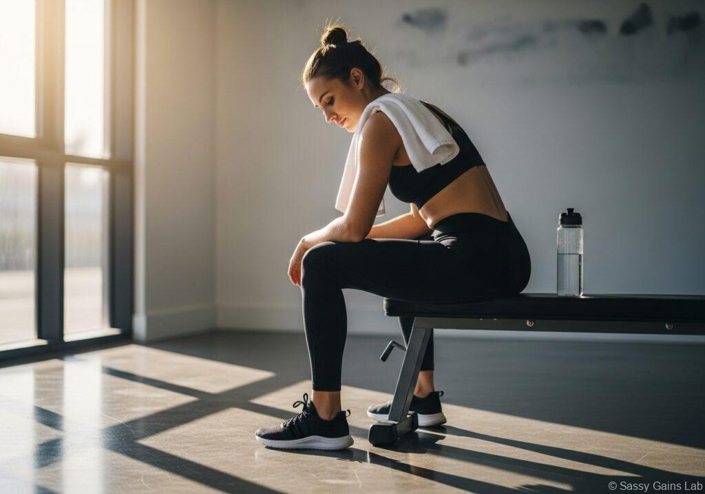 トレーニング後、ジムのベンチに座って休憩する女性。肩にタオルをかけ、水のボトルが隣に置かれている。朝の柔らかな光が差し込み、落ち着いた雰囲気が漂う。