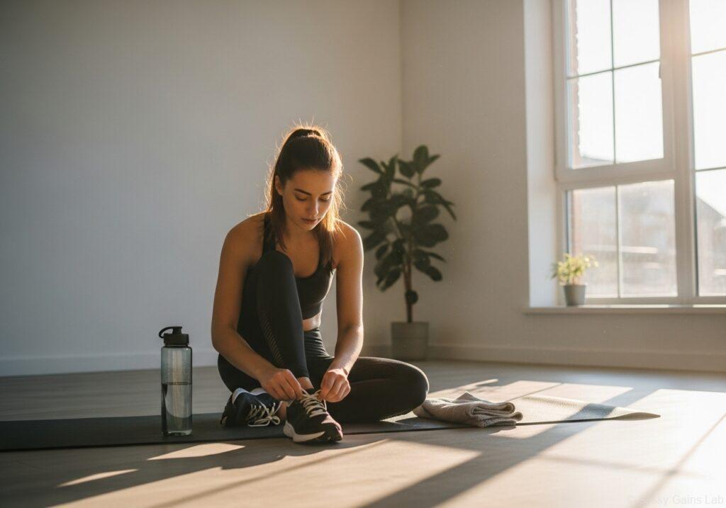 朝の光が差し込む部屋で、ワークアウトマットの上に座りスニーカーのひもを結ぶ女性。そばに水のボトルとタオルが置かれ、静かに集中して準備をしている。