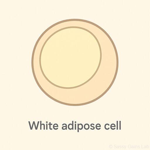 白色脂肪細胞のイラスト。大きな脂肪滴を中心に持つ丸い細胞で、エネルギーを貯蔵する役割を持つ。