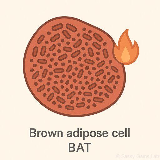 褐色脂肪細胞のイラスト。複数の脂肪滴とミトコンドリアを持つ不規則な形の細胞で、熱を産生する。