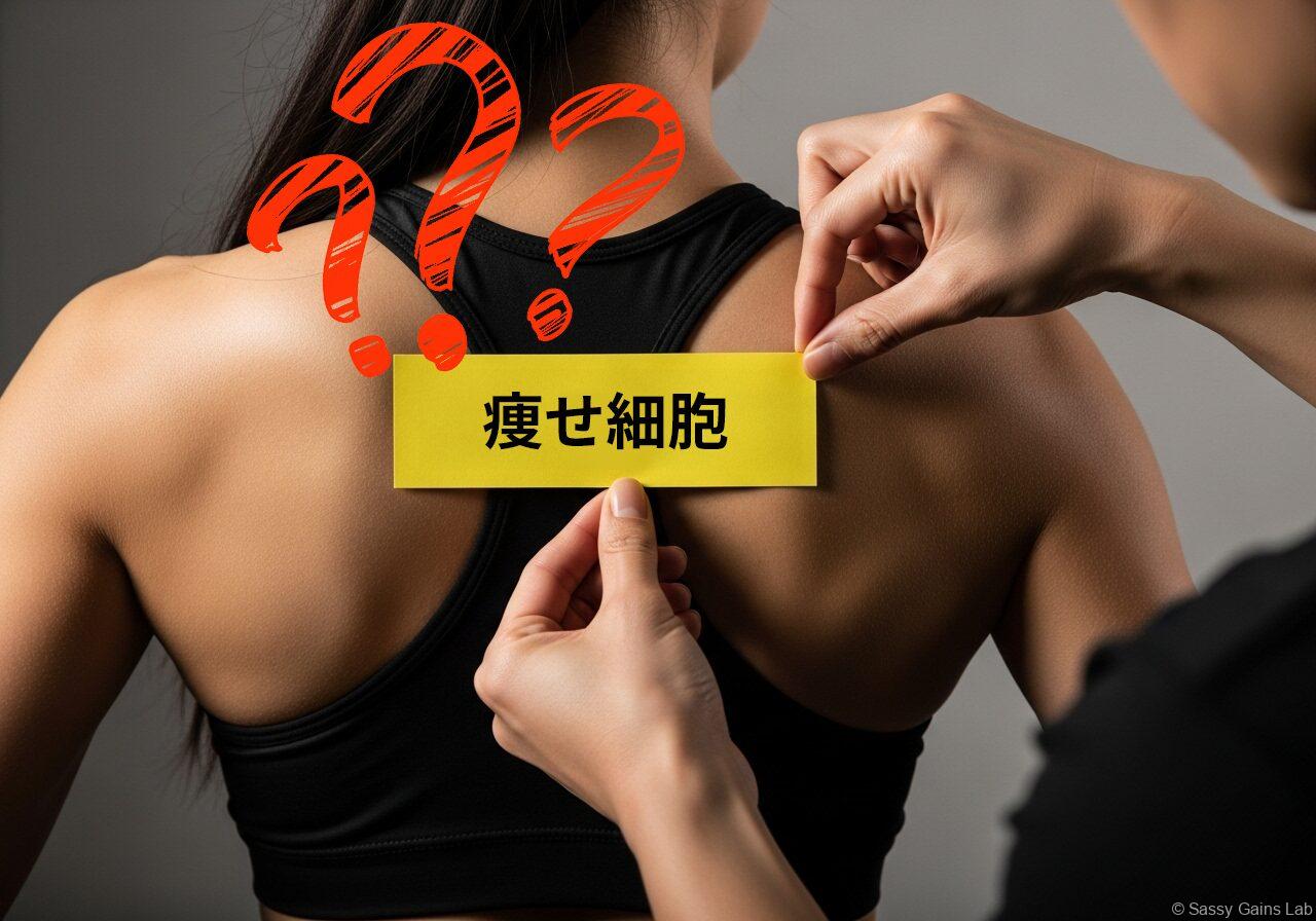 女性の背中に「痩せ細胞」と書かれた黄色いラベルを貼る様子。肩甲骨まわりを示す演出。