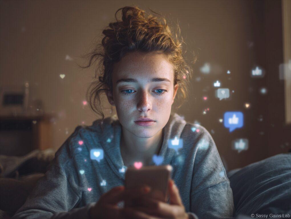 スマートフォンを見つめる女性の顔に、SNSの「いいね」やハートのアイコンが重なる演出