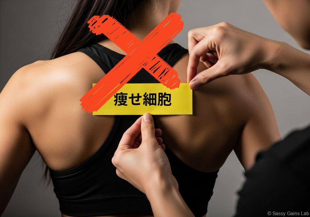 女性の背中に「痩せ細胞」と書かれた黄色いラベルを貼ろうとしている場面に、赤いバツ印が重ねられている