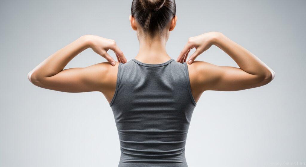 肩甲骨のあたりに両手を添える女性の背中。肩甲骨周辺を意識した動きのイメージ。