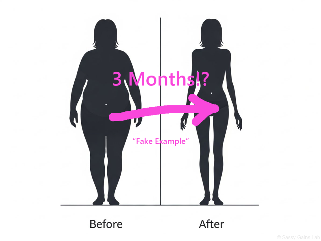 急激な体重変化を装った詐欺広告の例として、暗いシルエットのBeforeと細いシルエットのAfterを並べ、3ヶ月で変わるかのように演出したイメージ図。
