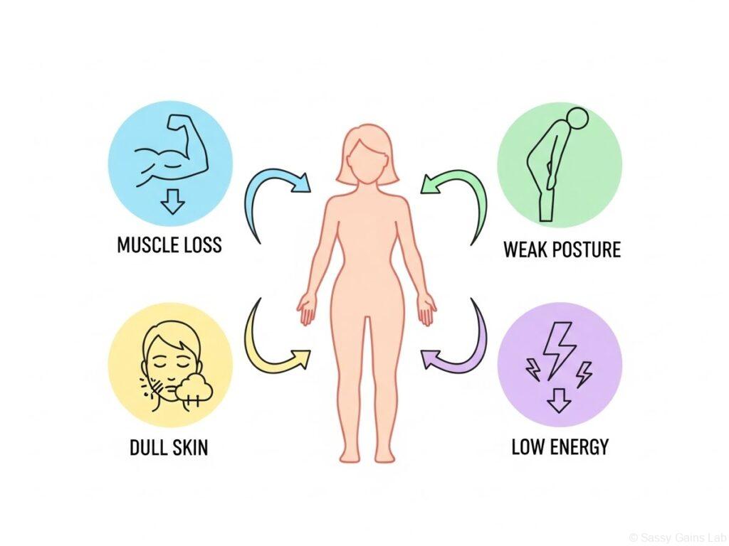 病気や不健康な痩せ方で起こる変化を示した図。筋肉量低下、姿勢悪化、肌のくすみ、倦怠感などの症状がアイコンで表現されている。