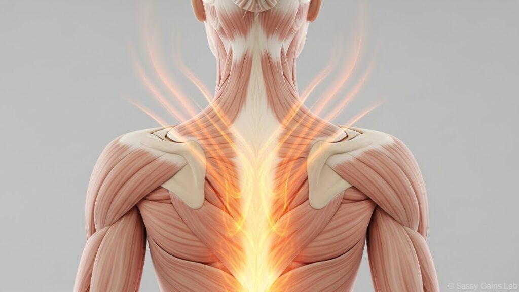 女性の背中の筋肉を後方から描いたイラスト。僧帽筋や脊柱起立筋などの背中の筋肉が活動し、体の内側から熱が発生しているイメージを示している。