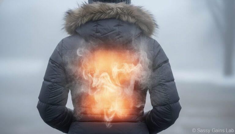 冬の屋外で背中を向けて立つ女性。コートの背中部分に、内側から熱を感じていることを表す炎のイメージが重ねられている。