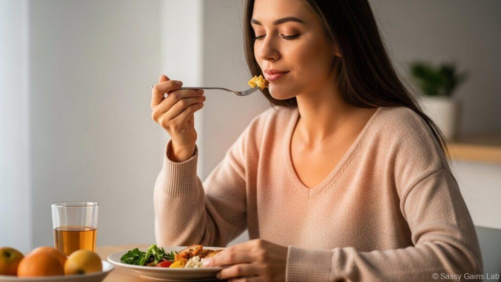 室内で食事をしている女性。落ち着いた表情で料理を口に運び、食後の心地よさを感じている様子。
