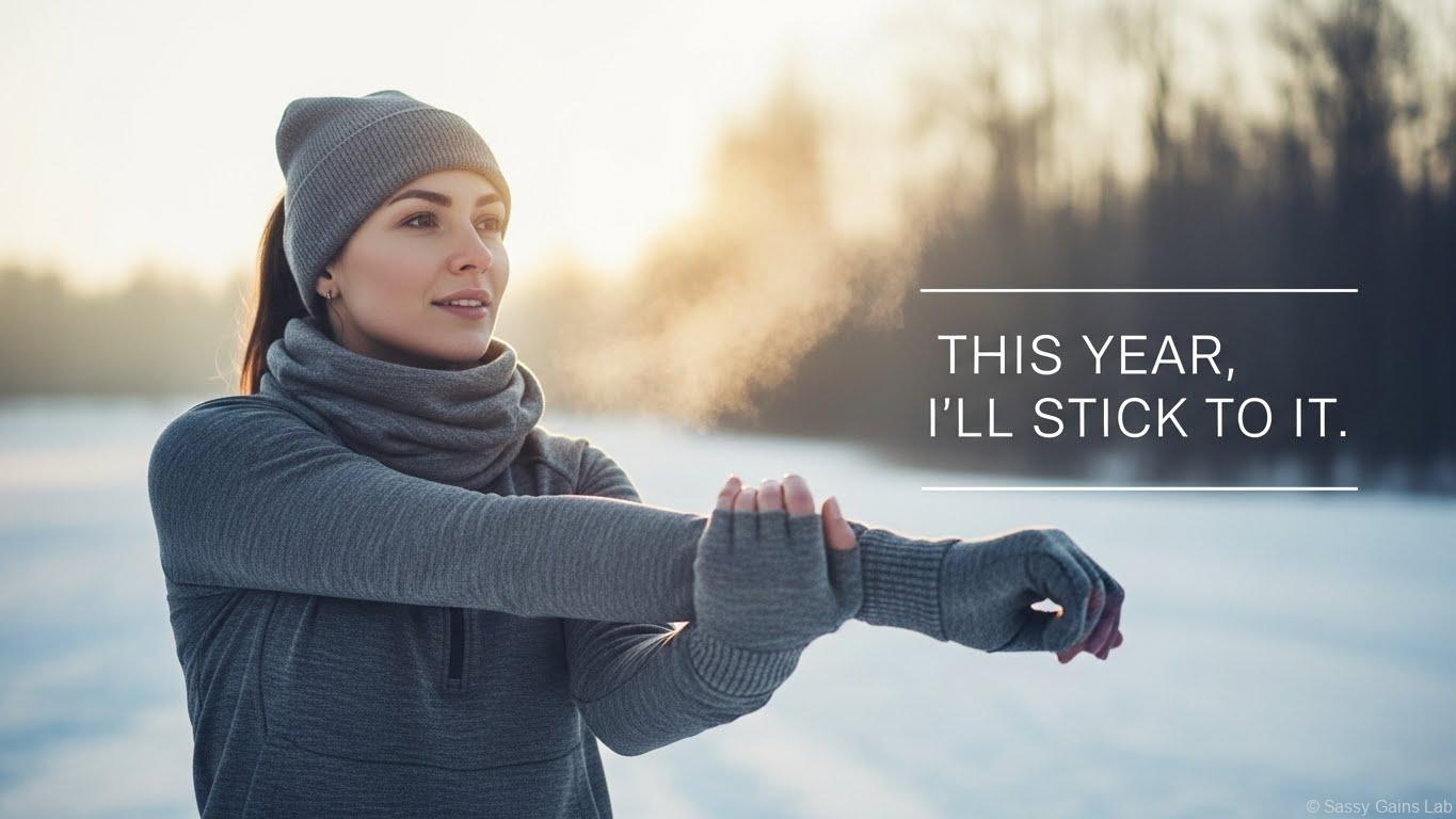 冬の屋外でストレッチをする女性。ニット帽と手袋を着用し、吐く息が白く見える中、静かに身体を動かしている。