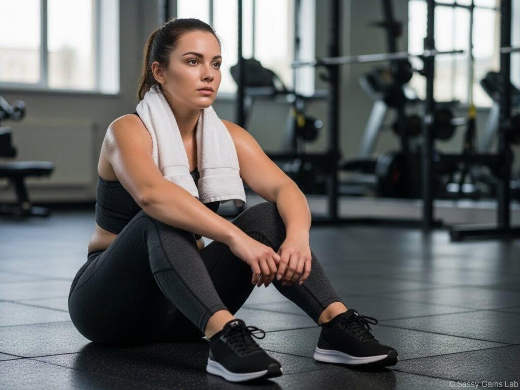 ジムの床に座り、タオルを首にかけて疲れた表情を浮かべる女性。トレーニング後に休憩している様子。