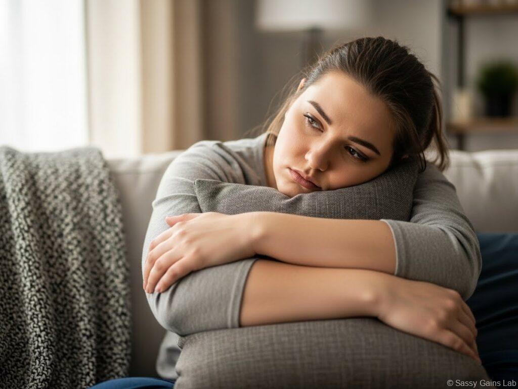 自宅のソファでクッションを抱え、落ち込んだ表情をしている女性。運動が続かず悩んでいるような様子。