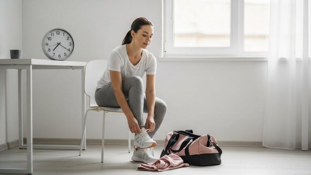 明るい室内で、時計のそばに座り、トレーニングシューズを履こうとしている女性。決まった時間に運動の準備を始める様子。