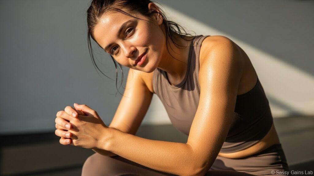 運動後に床に座り、少し疲れながらも穏やかな表情を浮かべる女性。