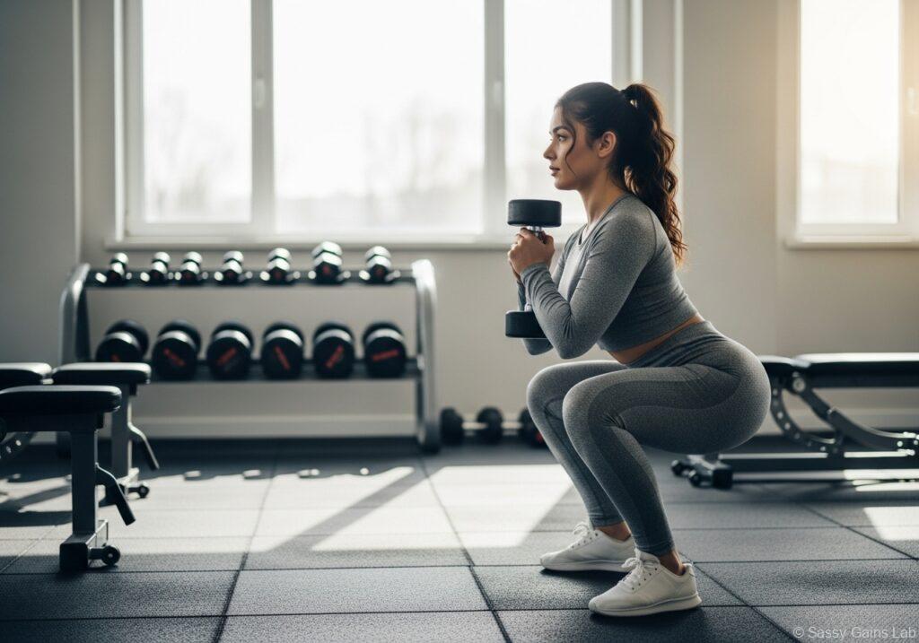 ジムでスクワットを行う女性。正しいフォームで全身を使っている様子。