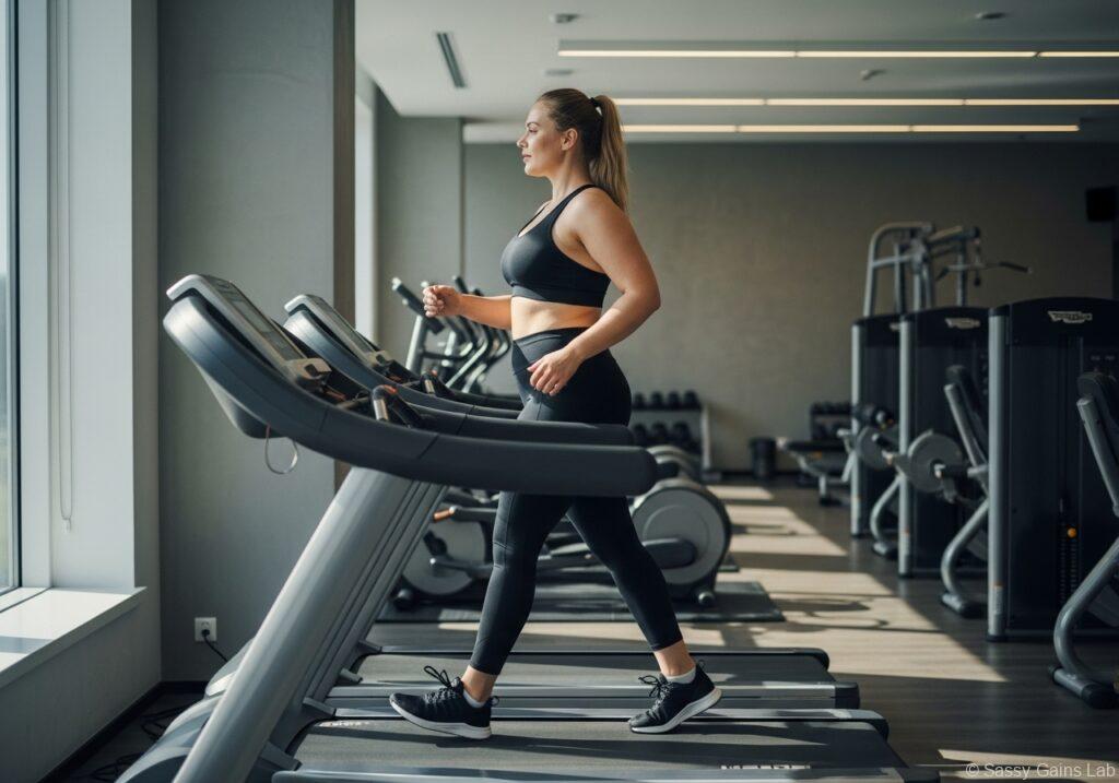 ジムでトレッドミルを一定のペースで歩く女性。