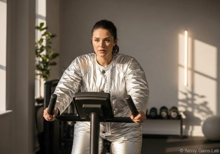 サウナスーツを着てエアロバイクを漕ぐ女性。ジムで発汗しながらトレーニングしている様子。