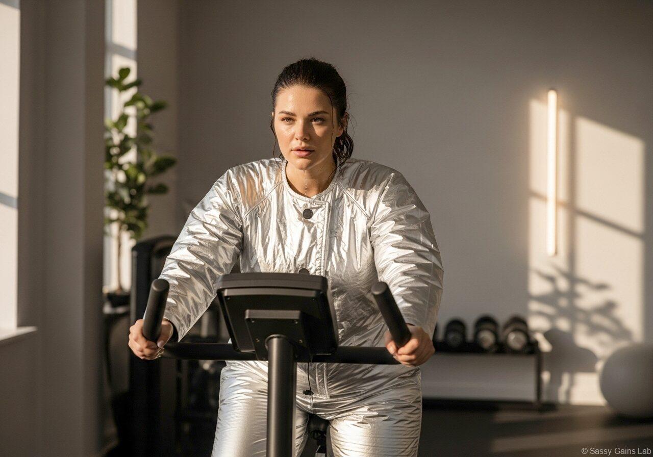 サウナスーツを着てエアロバイクを漕ぐ女性。ジムで発汗しながらトレーニングしている様子。