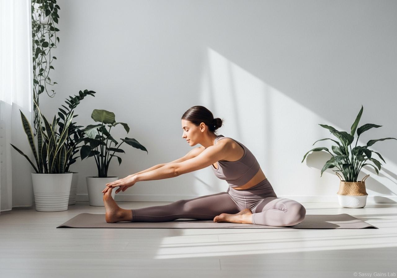 明るい室内でヨガマットの上に座り、片脚を伸ばした股関節ストレッチをしている女性