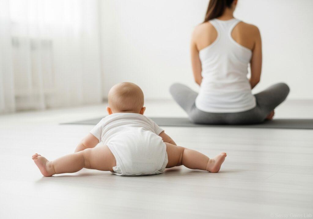 室内の床に寝転び、自然な姿勢で両脚を開いている赤ちゃん