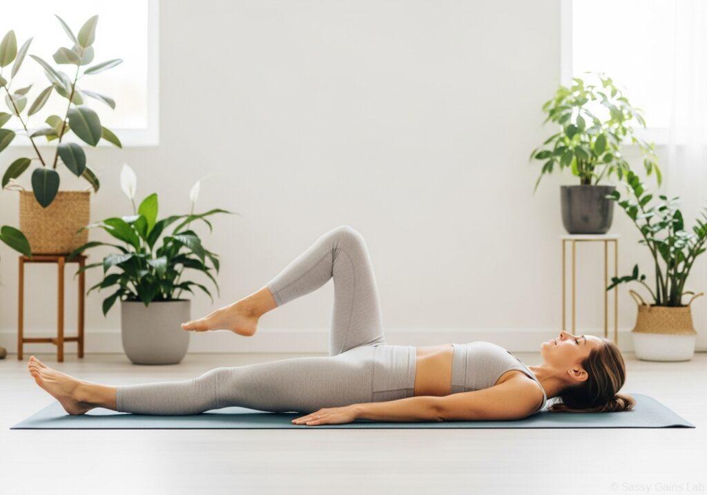 ヨガマットの上に仰向けで寝転び、片膝を外側に倒す股関節ストレッチをしている女性