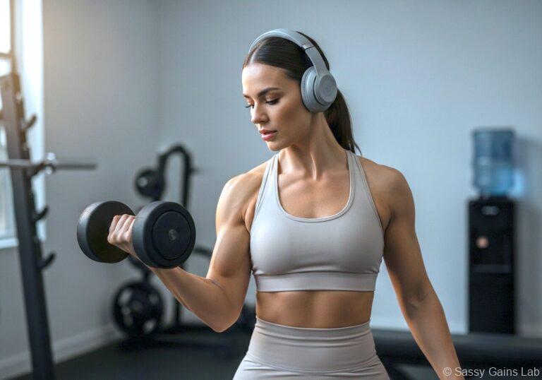 ダンベルを持ち音楽を聴きながら集中してトレーニングする女性