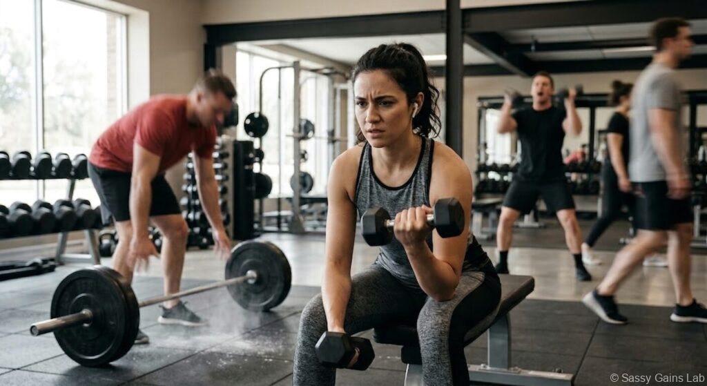 ジムで周囲の騒音に気を取られながらトレーニングする女性