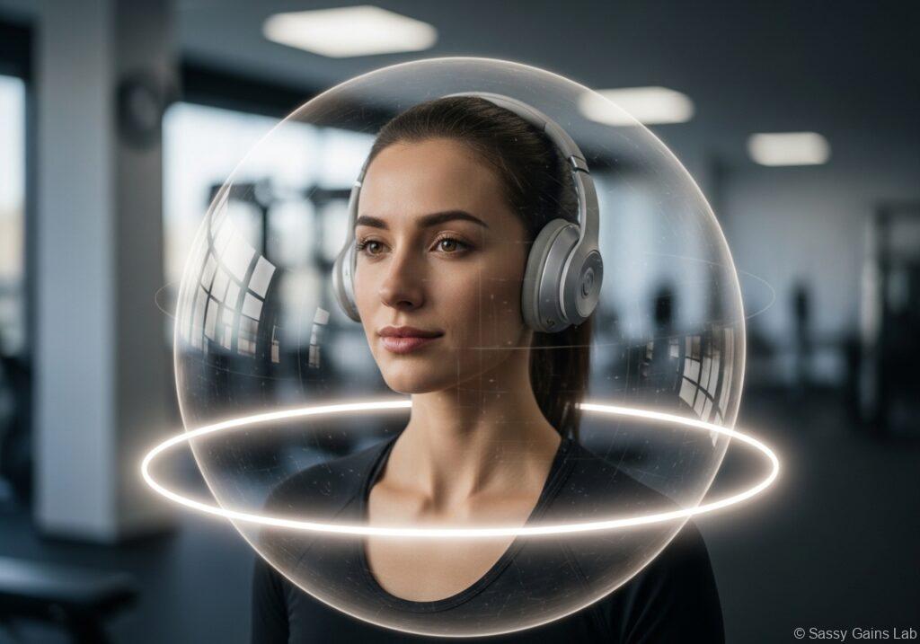 ヘッドホンを着けた女性が音楽で外部のノイズを遮断し集中している様子