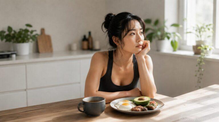 減量中の食事を前に考え込む女性トレーニー