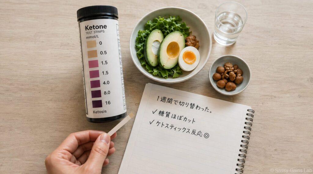 ケトスティックスと低糖質の食事でケトーシスを確認する様子